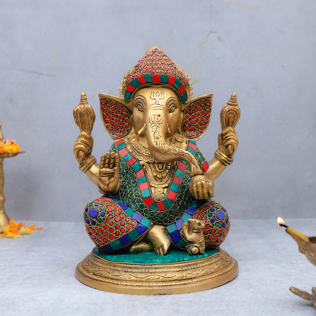 Brass Ganesha with Stone work (Inlay) in Aashirwad Mudra