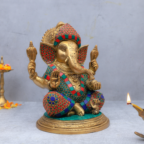 Brass Ganesha with Stone work (Inlay) in Aashirwad Mudra