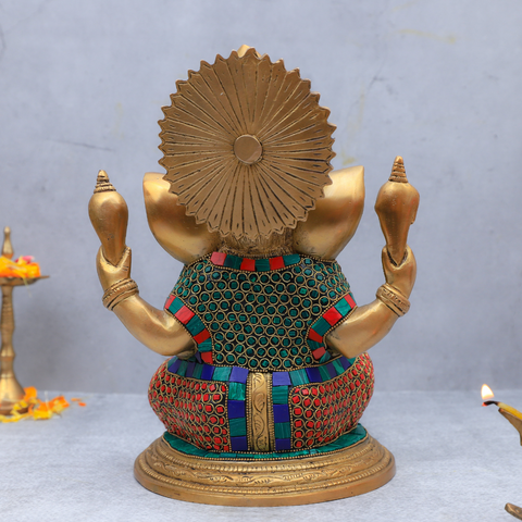 Brass Ganesha with Stone work (Inlay) in Aashirwad Mudra