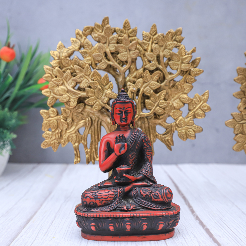 Brass Kalpavriksha Tree & Resin Maroon Red Buddha Combo