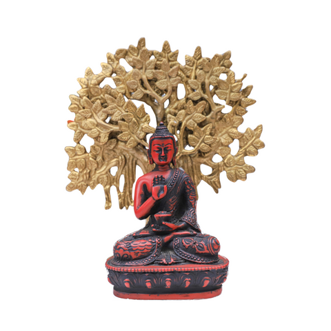 Brass Kalpavriksha Tree & Resin Maroon Red Buddha Combo