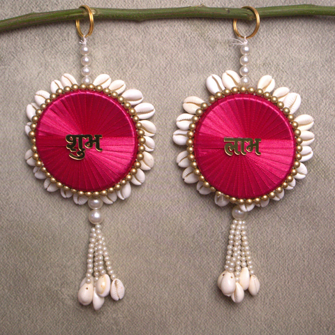 Pink Shubh-Labh Wall Hanging with Seashells for Diwali Decor