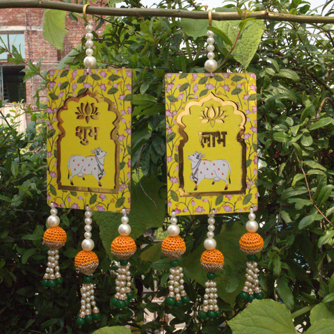 Yellow Shubh-Labh Pichwai Wall Hanging for Diwali Decor