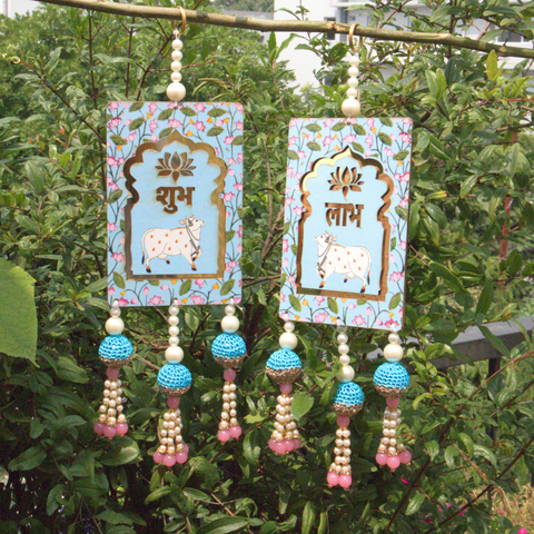 Sky Blue Shubh-Labh Pichwai Wall Hanging for Diwali Decor