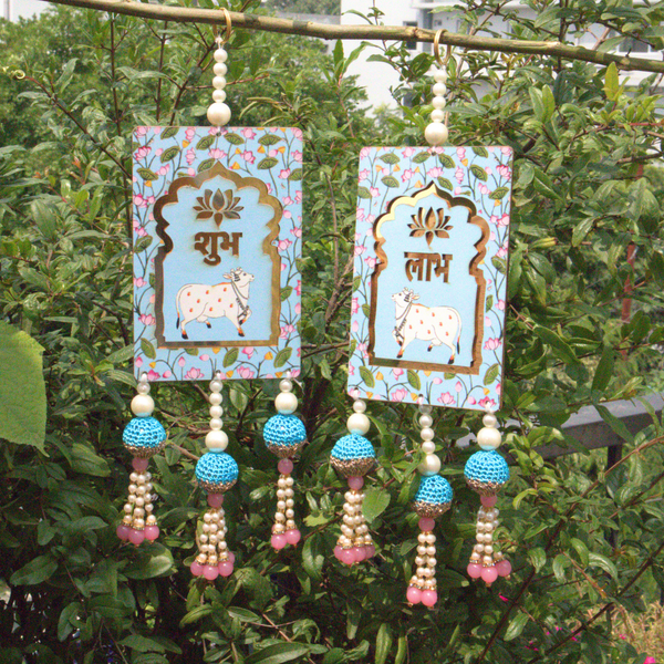 Sky Blue Shubh-Labh Pichwai Wall Hanging for Diwali Decor