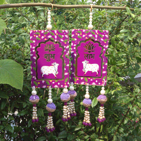 Magenta Shubh-Labh Pichwai Wall Hanging for Diwali Decor