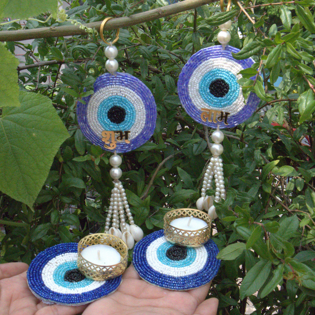 Crystal Studded Evil Eye Shubh-Labh Pair with Seashells Hanging With Tlight Candle Holder