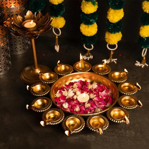 Small Metal Urli with Diya | Decorative Bowl for Home and Festive Decor