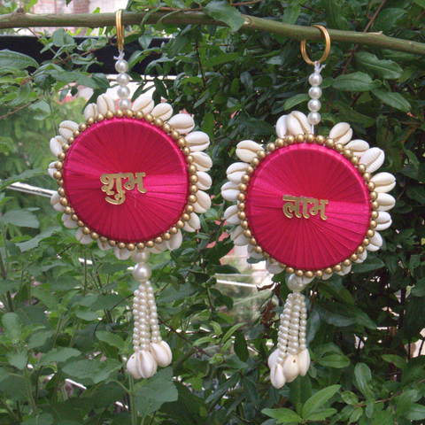 Pink Shubh-Labh Wall Hanging with Seashells for Diwali Decor