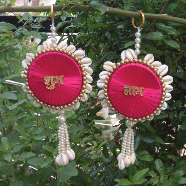 Pink Shubh-Labh Wall Hanging with Seashells for Diwali Decor