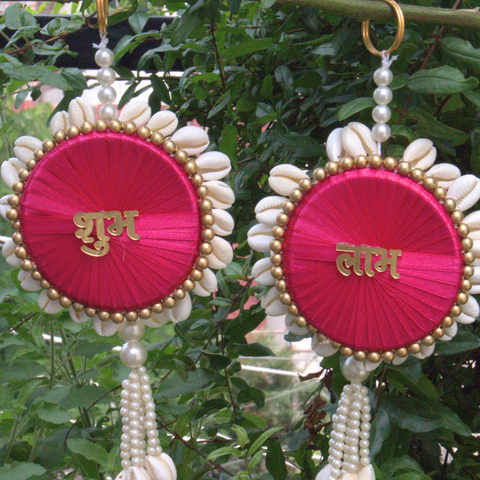 Pink Shubh-Labh Wall Hanging with Seashells for Diwali Decor