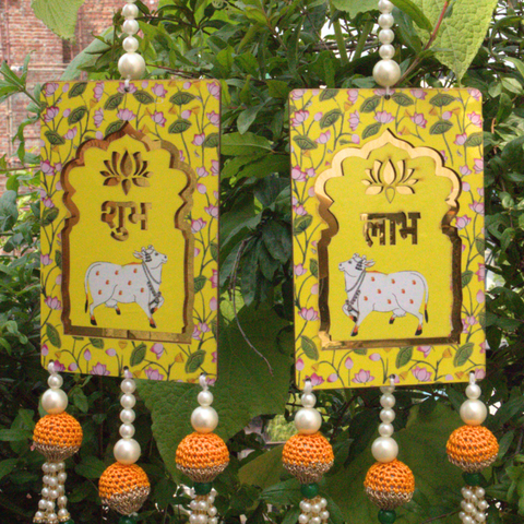 Yellow Shubh-Labh Pichwai Wall Hanging for Diwali Decor