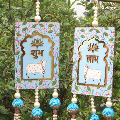 Sky Blue Shubh-Labh Pichwai Wall Hanging for Diwali Decor