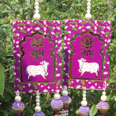 Magenta Shubh-Labh Pichwai Wall Hanging for Diwali Decor