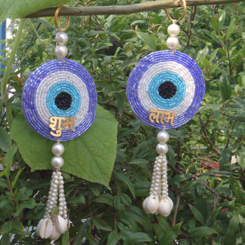 Crystal Studded Evil Eye Shubh-Labh Pair with Seashells Hanging