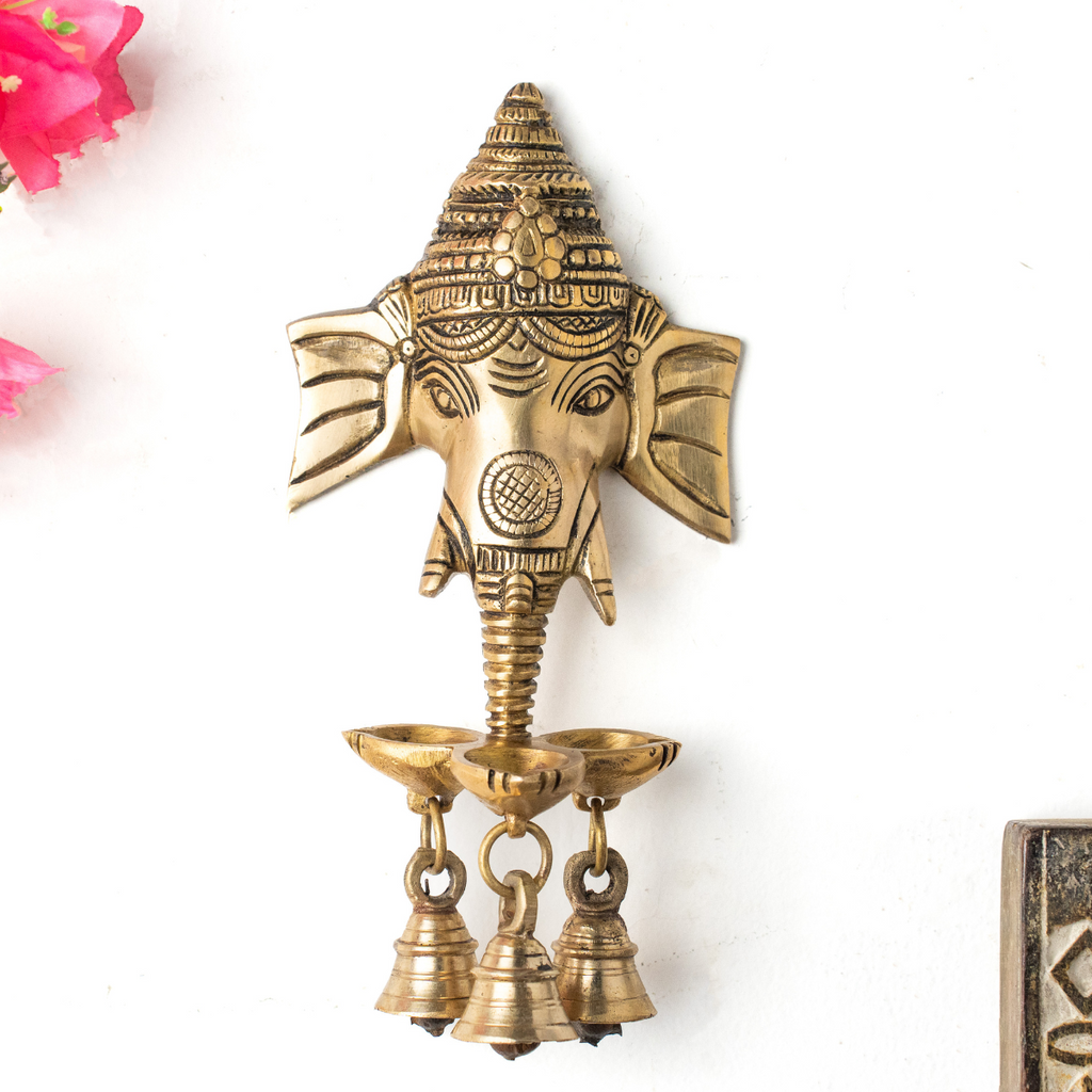 Brass Ganesha Face  Wall Hanging diya With Bell