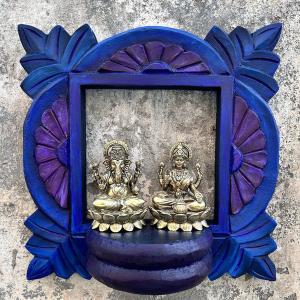 Wooden Carved Handpainted Bracket With Superfine Brass Ganesh and Laxmi Sitting On Lotus