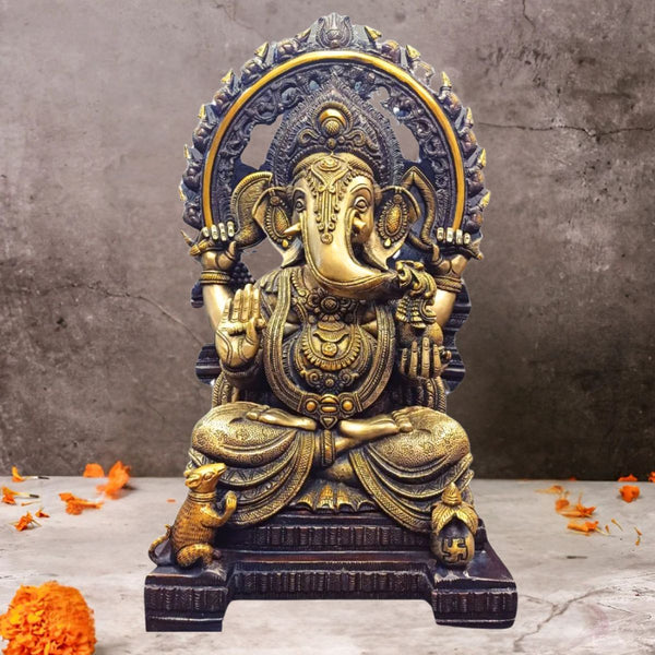Brass Lord Big  Ganesha statue sitting on Singhasan