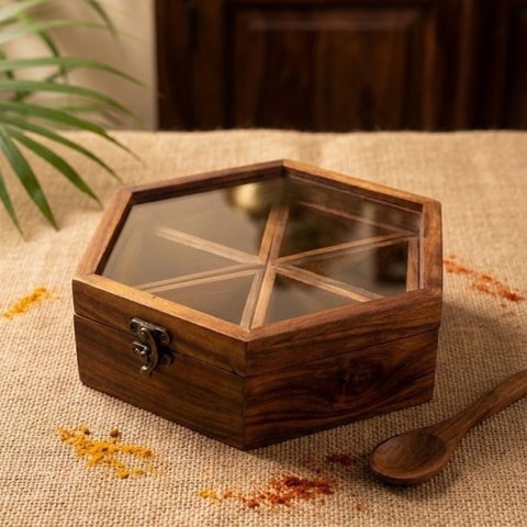 Spice Box with Glass Lid & Spoon | Premium Indian Wooden Masala Dabba for Kitchen & Dining | 6 Compartments | 9 inch