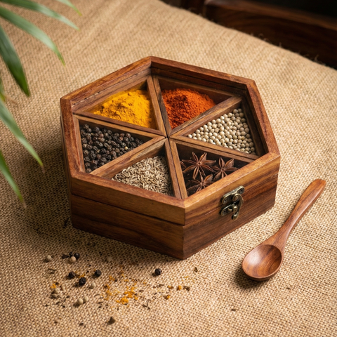 Spice Box with Glass Lid & Spoon | Premium Indian Wooden Masala Dabba for Kitchen & Dining | 6 Compartments | 9 inch