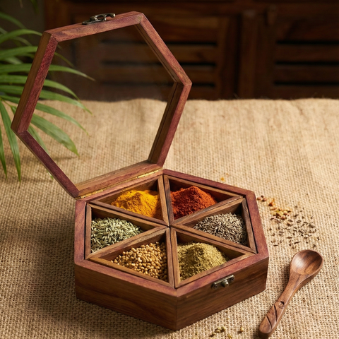Spice Box with Glass Lid & Spoon | Premium Indian Wooden Masala Dabba for Kitchen & Dining | 6 Compartments | 9 inch