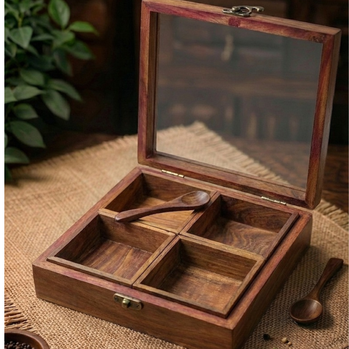 Square Wooden Masala Box With Spoon | 4-Section Spice Organizer | 8 Inch