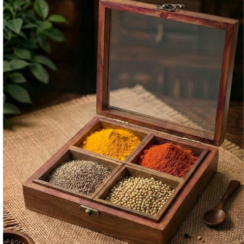 Square Wooden Masala Box With Spoon | 4-Section Spice Organizer | 8 Inch