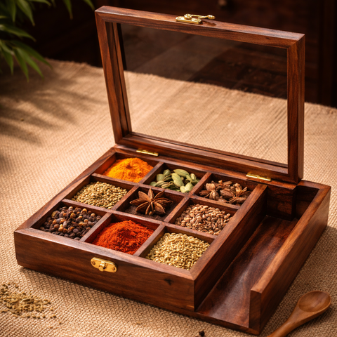 Luxury Wooden Spice Box with Wooden Spoon | Traditional Indian Masala Box - 10 Inch