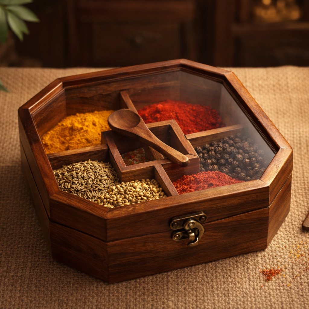 Classic Indian Wooden Spice Organizer with Transparent Lid | 5 Partition Masala Box with Spoon - 8 Inch