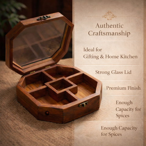 Classic Indian Wooden Spice Organizer with Transparent Lid | 5 Partition Masala Box with Spoon - 8 Inch