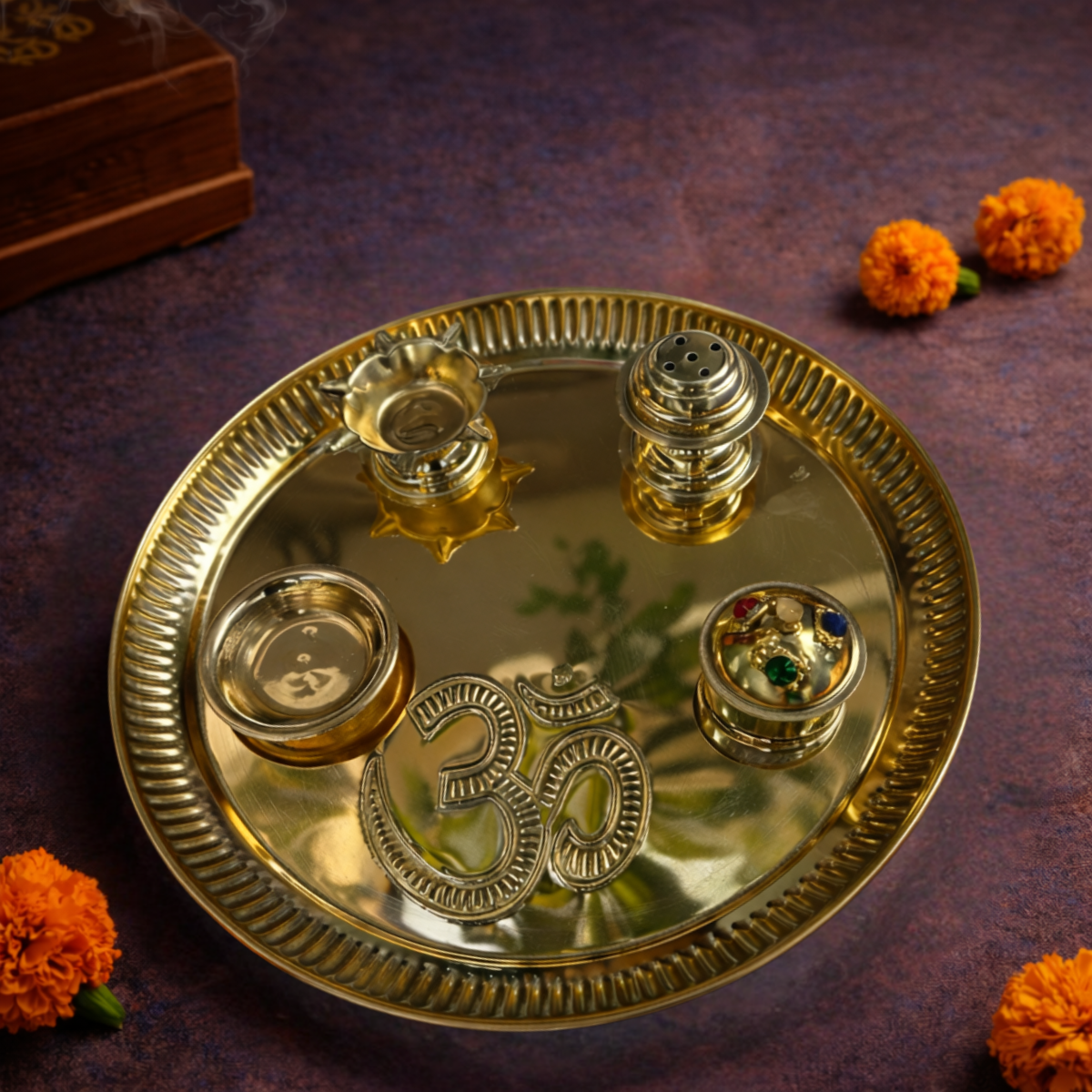 Golden Brass Pooja Thali Set with Diya & Sindoor Box | 8 Inch
