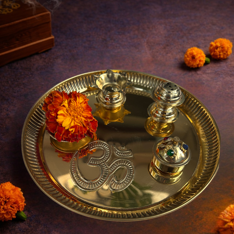 Pooja Thali Set | Brass Material | Golden | Attached Diya, Incense Stand, Sindoor Box and Bowl | 8 Inch