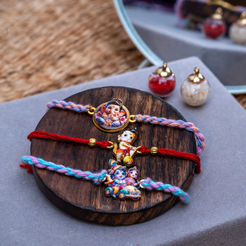 Kids Bal Bhagwan Rakhi Pack of 3 (Ganesh, Hanuman & Radha Krishna)