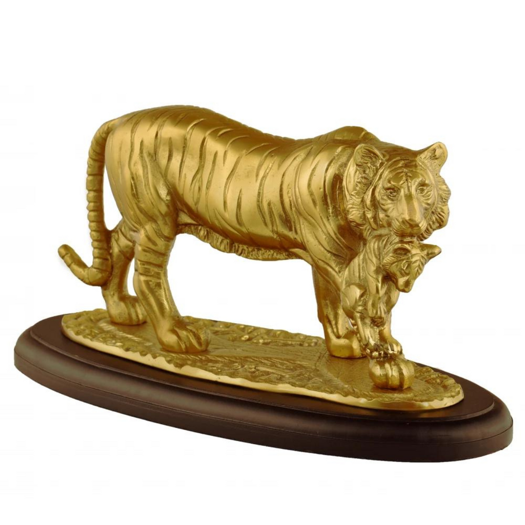 Tabledecor,Tiger Figurine,Roaring Tiger Figurine,Metal Tiger With Cub Golden Statue