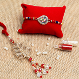 Swarovski Leaf Rakhi & Lumba Set for Bhaiya Bhabhi  (Roli + Chawal)
