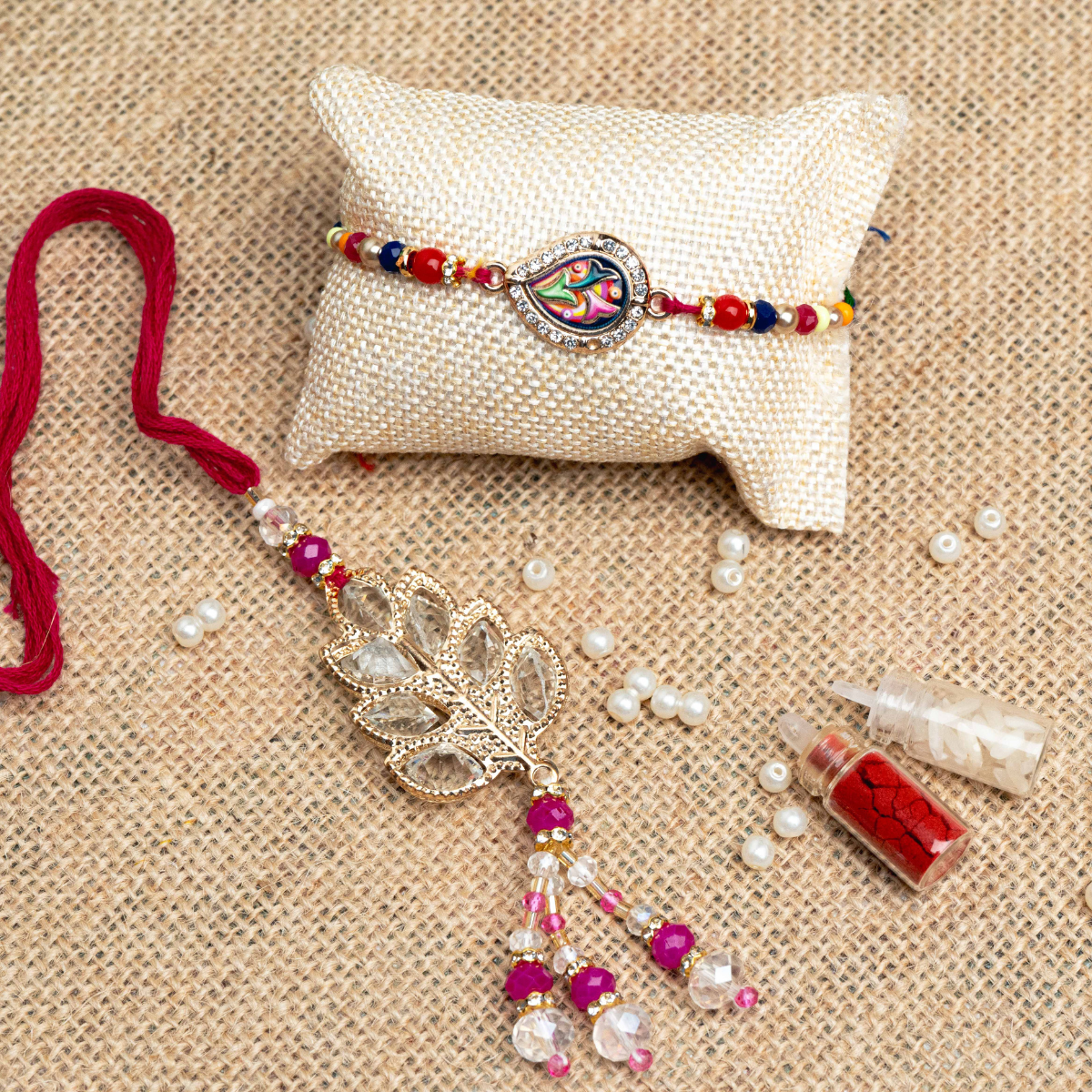 Swarovski Leaf Rakhi & Lumba Set for Bhaiya Bhabhi  (Roli + Chawal)