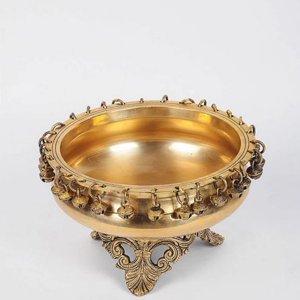 waterbowl,round bowl,nachonowls,decorativesbowl,Brassurli,Brass Decorative urli,Brass Urli With Bells