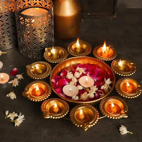 Small Metal Urli with Diya | Decorative Bowl for Home and Festive Decor