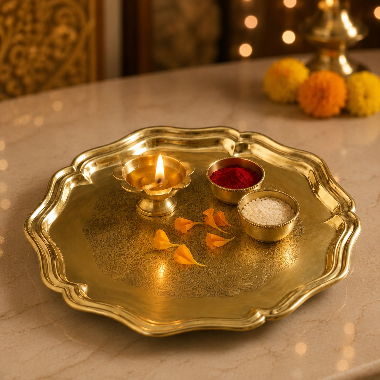 Brass Thali for Pooja | Serving  8-Inch | Traditional Pooja Plate | Rakhi & Accessories Not Included