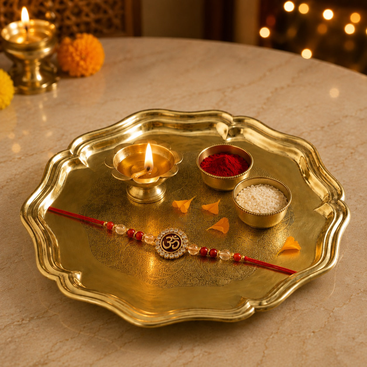 Brass Thali for Pooja | Serving  8-Inch | Traditional Pooja Plate | Rakhi & Accessories Not Included