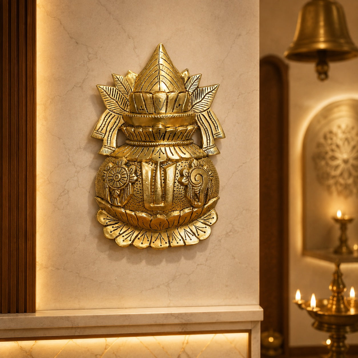 Brass Vaishnav Tilak Kalash Wall Hanging | Traditional Hindu Wall Décor for Home, Temple & Entrance | 10 x 6 Inch