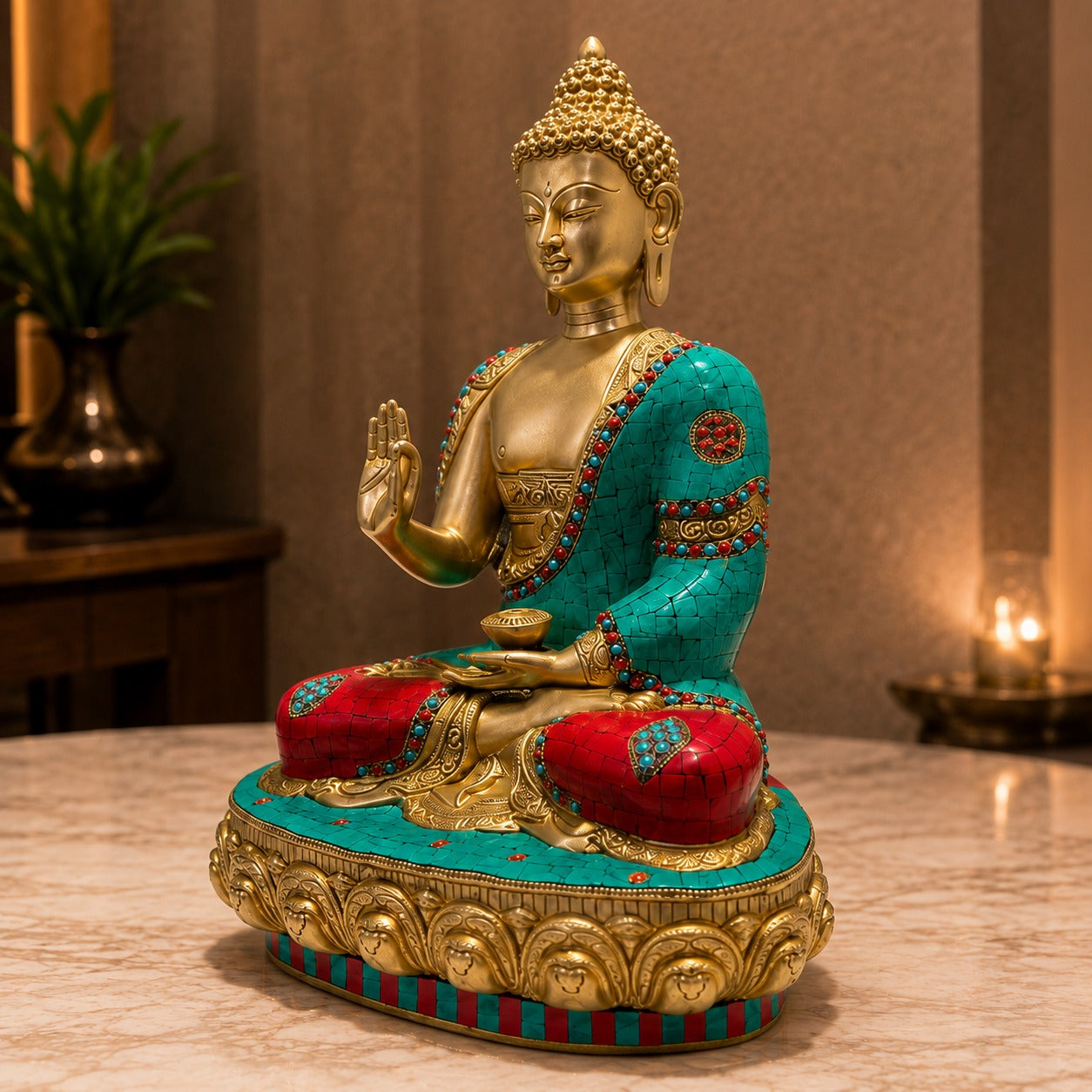 Buddha Mosaic Brass Statue for Vastu Decor | 17 inches