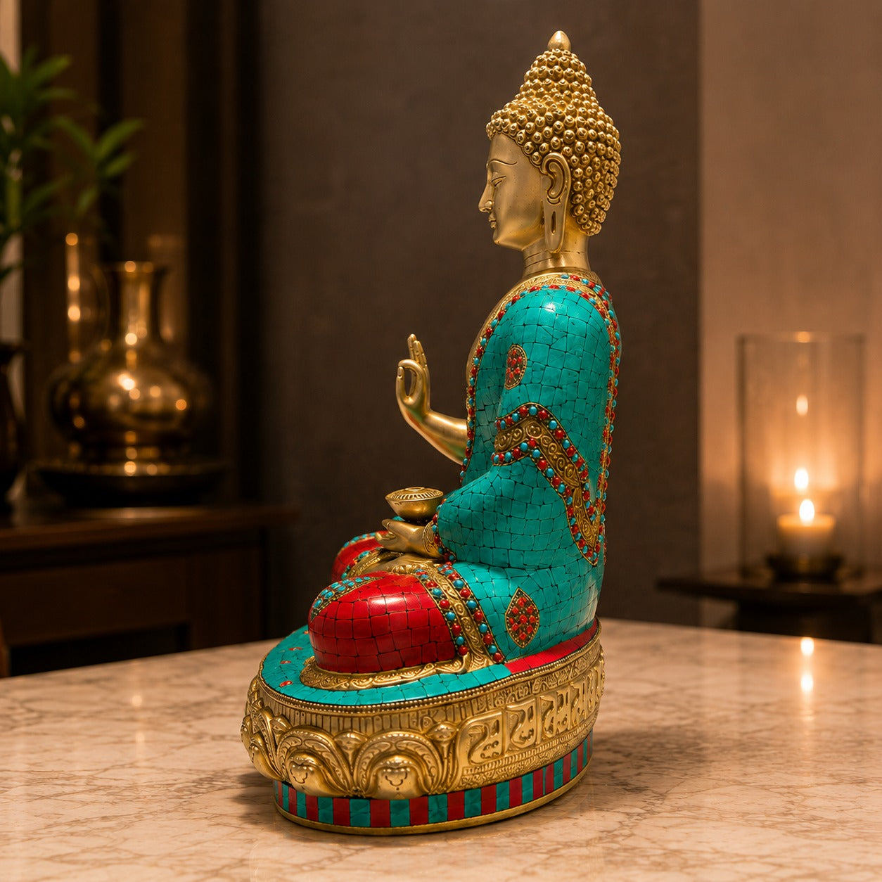 Buddha Mosaic Brass Statue for Vastu Decor | 17 inches