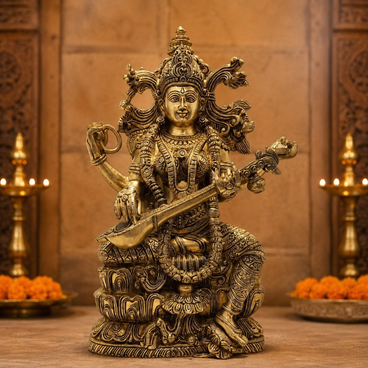 Brass Saraswati Statue – 15 Inch Handcrafted Decorative Idol for Home, Office & Temple Décor