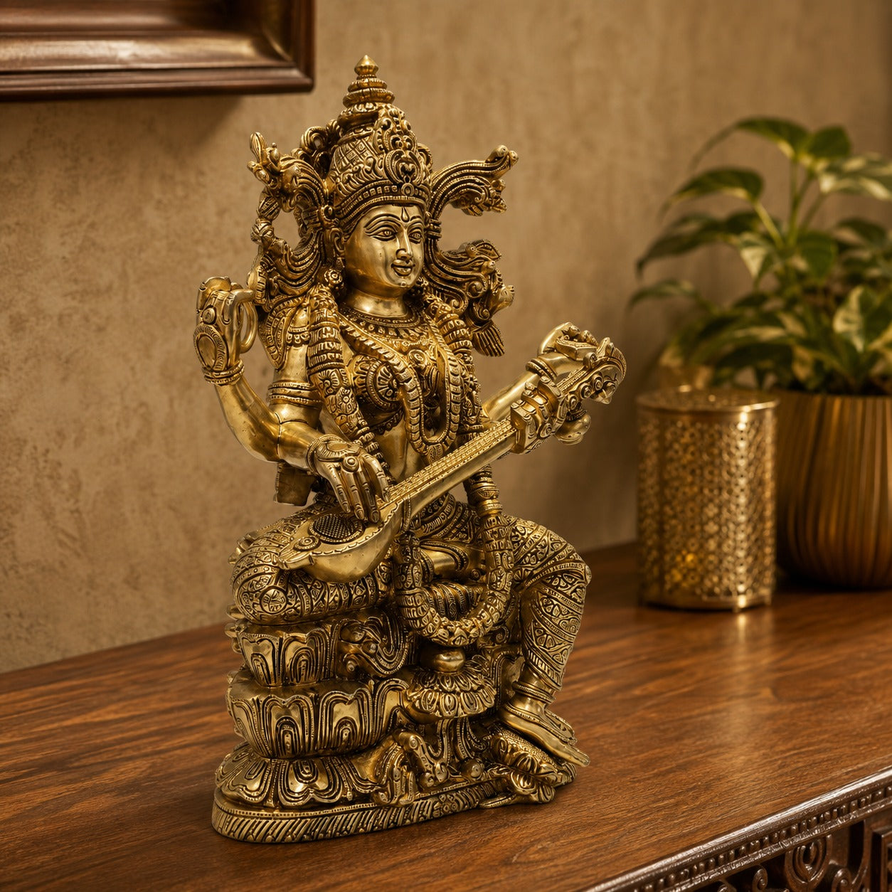Brass Saraswati Statue – 15 Inch Handcrafted Decorative Idol for Home, Office & Temple Décor