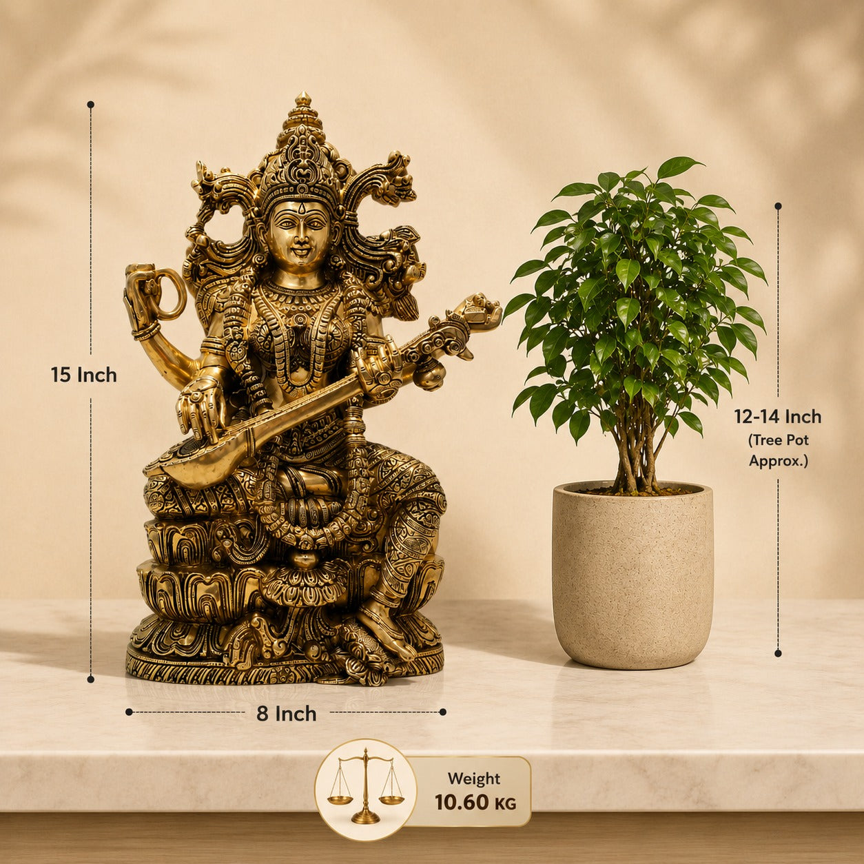 Brass Saraswati Statue – 15 Inch Handcrafted Decorative Idol for Home, Office & Temple Décor