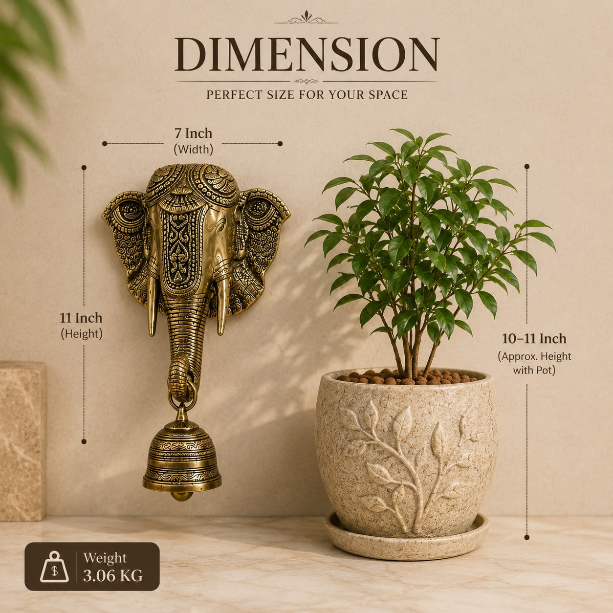 Brass Elephant Wall Hanging with Bell for Home Entrance, Temple & Vastu Decor | Antique Finish Decorative Door Hanging | 11 Inch