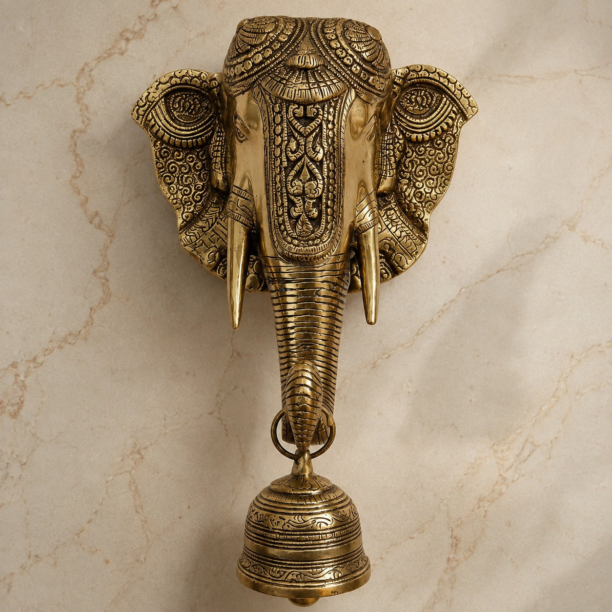 Brass Elephant Wall Hanging with Bell for Home Entrance, Temple & Vastu Decor | Antique Finish Decorative Door Hanging | 11 Inch