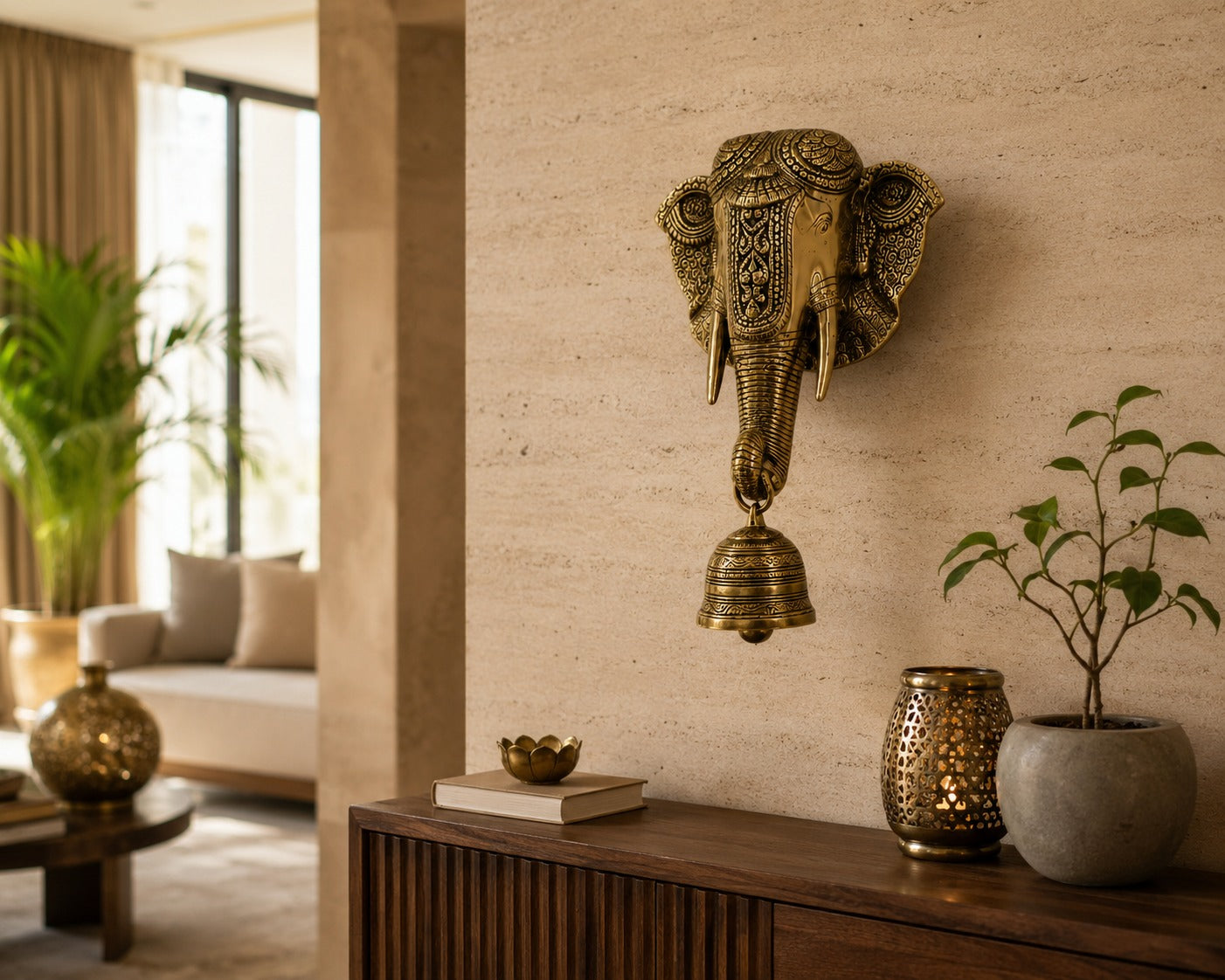 Brass Elephant Wall Hanging with Bell for Home Entrance, Temple & Vastu Decor | Antique Finish Decorative Door Hanging | 11 Inch