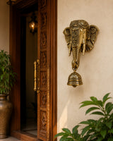 Brass Elephant Wall Hanging with Bell for Home Entrance, Temple & Vastu Decor | Antique Finish Decorative Door Hanging | 11 Inch
